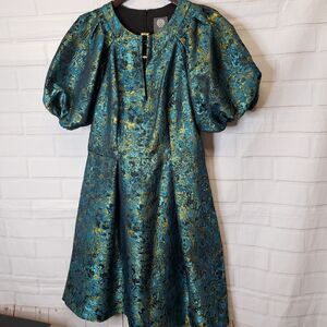 Vince Camuto Teal and Gold Jacquard Puff Sleeve Dress size 6 Social Cocktail